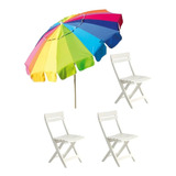03 Cadeiras Miami Dobrável + Guarda Sol Grande Colorido