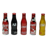 05 Garrafinhas Coca Cola Miniatura Alumínio Com Nomes 7cm