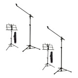 2 Kit Pedestal De Microfone Com Cachimbo + Estante Partitura