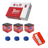3 Giz Master + 1 Ajustador + 3 Solas 11mm Bilhar Sinuca Cor Preto