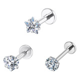 3 Peças Piercing Helix Conch Labret Aço Cirúrgico Zircônia Cor Prata 1.2x6x3