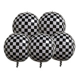 5 Balão Xadrez Quadriculado Metalizado 4d Decoração Carros
