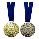 60 Medalhas De Metal 3,6cm Tirante Azul Esportivas Brindes