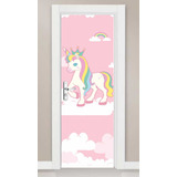 Adesivo Parede Porta Infantil Menina Unicórnio Céu Rosa +hd!