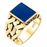 Anel Masculino Elos Prata 925 Dourada 18k - Ágata Azul