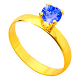 Anel Ouro 18k 2mm Pedra Azul Zirconia Solitario Noivado Luxo