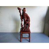 Antiga Escultura Monge Com Cajado Em Madeira De Lei C/peanha
