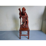 Antiga Escultura Monge Com Cajado Madeira De Lei Com Peanha