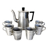 Antigo Bule Café Com 6 Canequinhas Em Alumínio Sem Uso