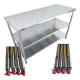 Bancada Inox 170x60 Industrial Com Rodinhas 2 Prateleiras