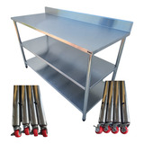Bancada Inox Rodinhas 120x60 Mesa Inox Espelho 2 Prateleiras