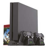 Base Vertical Ps4 Cooler Carregador Controle Porta Jogos Cor Preto