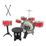 Bateria Infantil C Banquinho Drum Baqueta 5 Tambor Vermelho