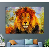 Belissimo Quadro Em Tecido Canvas Leão Colorido Contemplando