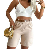 Bermuda Feminina Short Longo Alfaiataria Com Cinto Fashion