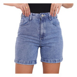 Bermuda Jeans Cintura Alta Feminina Com Estonado Na Lavagem