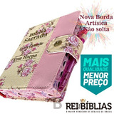 Biblia Letra Grande C/harpa E Botão - Floral E Rosa 16x12cm