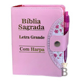Bíblia Sagrada Feminina Letra Grande Botão - Rosa C/ Harpa 