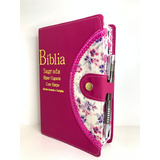 Bíblia Sagrada Feminina Letra Hiper Gigante Com Harpa Botão Caneta Pink