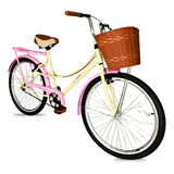 Bicicleta Aro 26 Feminina Cesta Bike Passeio Vintage Retrô Cor Bege Com Rosa Tamanho Do Quadro 17