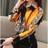 Blusa Camisa Social Feminina Elegante Chiffon Leopardo Print