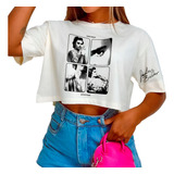 Blusa Cropped Justin Bieber Cantor Pop Autógrafo Feminino