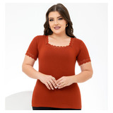Blusa Feminina Com Decote Quadrado Gola Rendada Manga Curta