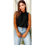 Blusa Regata Feminina Social Verão Gola Alta Pregas