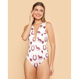 Body Feminino Com Tule Decote Estampado Detalhes Ferraduras