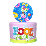 Bolo Fake Pool Party Menina - Base Única 15x10 C/ Topo