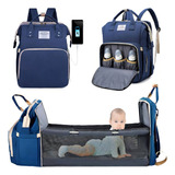 Bolsa Maternidade Mochila Vira Berço Bebê Menino Menina Usb Cor Azul-marinho Desenho Do Tecido Liso