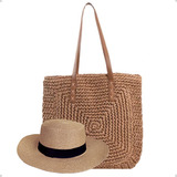 Bolsa Sacola Palha Feminina Grande Kit Moda Praia E Chapéu Cor Bege Escuro