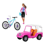 Boneca Barbie To Move C/ Carro Jeep Rosa De Bicicleta Mattel
