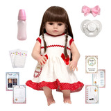 Boneca Reborn Adora Cabelo Longo Vestido Vermelho Acessórios