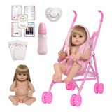 Boneca Tipo Reborn 100% Vinil Acessórios Carrinho Infantil