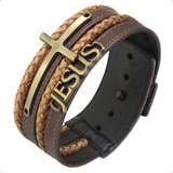 Bracelete De Cruz Couro Marrom Ajustável Jesus Católica Fé