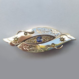 Broche Antigo Ouro Baixo Amarelo Pérolas E Pedra Azul Lapida