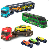 Buzão Brinquedo + Caminhão Cegonha + 3 Carrinhos + 3 Motos