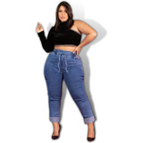 Calça Feminina Jeans Plus Size Corsario Cós Elastico Strech