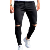 Calça Jeans Masculina Skinny Rasgada Lycra Destroyed Preta