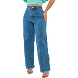 Calça Jeans Wide Leg Pantalona Grife Cintura Alta Blogueira
