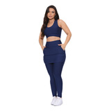 Calça Legging Saia Conjunto Com Top E Bolsos Feminino