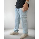 Calça Masculina Cargo Jeans Skate Larga Fechamento Cordão