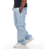 Calças Cargo Masculina Jeans Larga Bolso Streetwear Skatista
