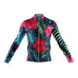Camisa Ciclismo Floral Tropical Longa Full Ziper Bike Mtb