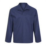Camisa Jaleco Brim Manga Longa Fechada Uniforme Azul Marinho