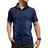 Camisa Jeans Masculina Azul Social Com Botões Manga Curta