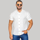 Camisa Social Masculina Gola Padre Linho Premium Moda Luxo