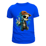 Camiseta Caveira Camisa Azul Blusa 100% Algodão Fio30.1 Dtf