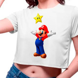 Camiseta Cropped Infantil Super Mario Comemorando Estrela